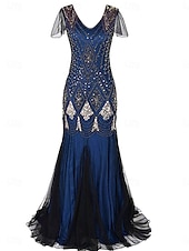 abordables Moins de 129,99 $-Robe Robe de Mère de Mariée  Élégant ancien Fête Col en V Longueur au sol Polyester Manche Courte avec Paillettes 2025