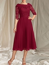 preiswerte Teelänge-A-Linie Brautmutterkleid Hochzeitsgast Elegante gewellte Ausschnitt Tee-Länge Chiffon Spitze Halbarm mit Spitze Perlen Midi Kleid 2025