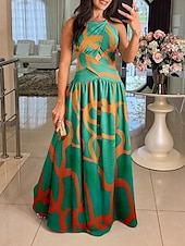 abordables Robes fleuries décontractées-Femmes Robe Longue Maxi Robe Robe évasée Robe à col licou Robe Imprimée Élégant Sortir Robe d&#039;Été Coupe régulière Fleuri Géométrique Sans manches Col Halter Blanche Orange Vert Beige Été