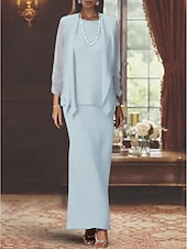 voordelige Met Jas-Twee delige sheath moeder van de bruid jurk formele bruiloft gast elegante scoop hals vloer lengte chiffon lange mouw omslag inbegrepen met effen kleur gratis op maat gemaakt