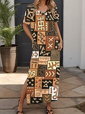 levne Umění a design šaty-Ženské maxi šaty sundress dovolená neformální dovolená každodenní pravidelný střih grafické geometrické krátké rukávy V výstřih hnědé letní