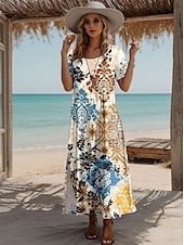 ieftine Rochii boho-Rochie maxi pentru femei Rochie A Line Rochie T Shirt Rochie Tee Vacanță Casual Plajă Ajustare Regulată Grafic Floral Tribal Mâneci Scurte Gât Crew Bej Vară