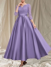 billiga Golvlängd-A-linje brudens mor klänning bröllopsgäst Elegant V-hals golvlängd satinspets 3/4 längd ärm med spets