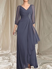 economico Lunghezza del pavimento-Linea ad A Abito da cerimonia per signora Ospite di nozze Elegante Scollo a V Lunghezza al pavimento Chiffon Manica 3/4 con Perline Arricciatura 2025