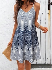 billige Kunst og Design Kjoler-Dame Mini kjole Solkjole Kjole med A-linje Slipkjole Off The Shoulder-kjole Ferie Fritid Bohem Ut på byen Strand Normal Grafisk Geometrisk Ermeløs V-hals Marineblå Sommer