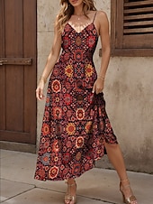 tanie Sukienki boho-Damskie Sukienka maxi Sukienka letnia Sukienka A line Sukienka na ramiączkach Codzienny Plaża Regularny Graficzny Zabytkowe Artystyczny Bez rękawów W serek Cienkie ramiączka Wino Lato Wiosna