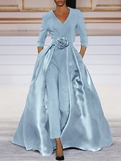 economico Lunghezza del pavimento-Jumpsuit con sovraspettacolo Abito per la madre della sposa Abito elegante semplice nero scollo a V strascico  strascico in tessuto elasticizzato maniche a tre quarti con colore solido dress to