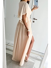 preiswerte Weiße Freizeitkleider-Damen kleid lang Formelle Kleidung Modisch Trompetenärmel Party Verabredung Regular Fit Glatt Kurzarm V Ausschnitt Schwarz Rote Blau Khaki Sommer