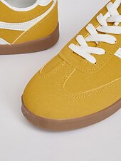 abordables Baskets femme-Baskets basses rétro jaunes pour femmes - Chaussures décontractées à lacets vintage, confortables au quotidien pour un style urbain et extérieur