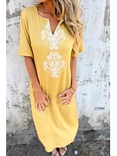 economico Abiti casual bianchi-Per donna Abito Midi Abito in cotone e lino Moda Essenziale Quotidiano Uscire Spiaggia Vestibilità regolare Fiore Manica Corta Scollo a V Bianco Giallo Rosa Vino Estate