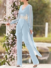 voordelige Mama&amp;#39;s jumpsuits-Jumpsuit  Pantsuit Moeder van de Bruid Formele Bruiloft Gast Elegante V Hals Vloerlengte Chiffon Kant Lange Mouw met Appliqués gratis op maat gemaakt