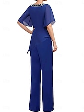 cheap Mom&#039;s Pant Suits-Pantsuit Mother of the Bride Dress Wedding Guest Elegant Simple Square Neck Floor Length Polyester Short Sleeve with Solid Color