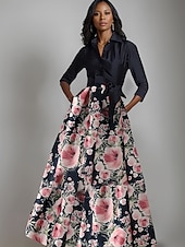 abordables Longueur du plancher-Robe mère de la mariée trapèze, imprimé floral, nœud élégant, plis, longueur au sol, col chemise, satin, manches 3/4 avec boutons, printemps été 2025