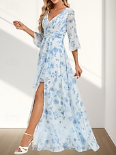 billige Brudepikekjoler-A-Line Brudens mor Kjole Bryllupsgjest Elegant V-hals Gulvlengde Chiffon 3/4 Lengde Erme med Folder Rynket Splitt Foran Bryllupsgjest Kjole 2025