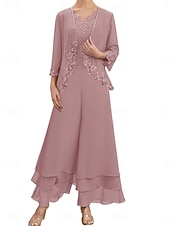 economico Tailleur pantalone della mamma-Set di Abiti Madre della Sposa Abito Ospite di Matrimonio Elegante Semplice V Collo Lunghezza Piena Poliestere Maniche Lunghe con Ricamo