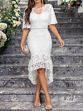 cheap Under $129.99-Dress Mother of the Bride Dress Elegant Party Simple Crew Neck Asymmetrical Spandex Short Sleeve with Lace