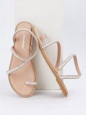 cheap Vacation Sandals-Women&#039;s Pearl Strappy Flat Sandals – Elegant Rhinestone Beach Sandals for Summer, Weddings, and Casual Outings