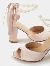 abordables Sandalias de Vestir-Sandalias de satén con punta abierta y tacón cuadrado para mujer con tira de perla en el tobillo: elegantes zapatos de cóctel.