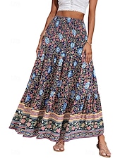 billiga Grafiska kjolar-Dam Kjol Gunga Ledigt Boho Maxi Mellanhög midja Kjolar Blommig Mönster Microelastisk Semester Gata Äppelgrå Violett Svart Mandel Sommar Polyester
