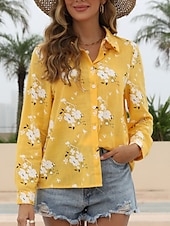 preiswerte Hemden-Damenhemd Floral Stylish Casual Langarmhemd Kragen Regelmäßige Tops Täglich Leinenähnliche Knöpfe Druck Weiß Gelb Hellblau Sommer Frühling