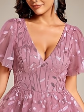 cheap Cocktail Dresses-A-Line Cocktail Dresses Elegant Dress Homecoming Party Wear Tea Length Short Sleeve V Neck Sequined with Sequin Dresses