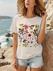 ieftine Tricou de Ziua Mamei-Pentru femei Tricou Cămașă din bumbac Floral Grafic Casual Manșon scurt Rotund Topuri obișnuite Zilnic Imprimeu Roz Îmbujorat Alburiu Albastru Deschis Vară