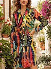 abordables Robe hawaïenne-Femmes Robe Midi Robe T-Shirt Occasionnel Date Coupe Ample Graphique Feuille manche longue Col de chemise Jaune Automne Hiver