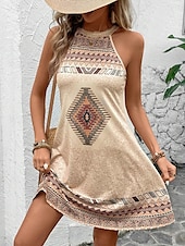 ieftine Rochii boho-Pentru femei Rochie Mini Rochie de Vară Rochie halter Rochie cu umeri Vacanță Casual Zilnic Fit regulat Grafic Tribal Fără manșon Gâtul halter Cămilă Vară