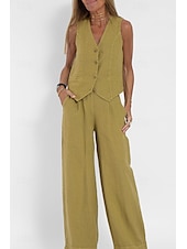 cheap Sets-Women&#039;s Active Basic Linen-Inspired Sets Two Piece Sets Blouse Sleeveless V Neck Solid Color Dubbele Rij Knopen Vacation Casual Daily Black White Wine Summer Regular Fit