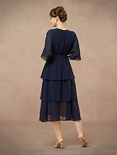 cheap Cocktail Dress-A-Line Mother of the Bride Dress Wedding Guest Elegant V Neck Floor Length Chiffon Half Sleeve with Bow(s) Cascading Ruffles Solid Color 2025