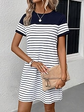 tanie Sukienka w paski i geometryczna-Kobieta Mini Sukienka Casual Sukienka T-Shirt Sukienka Tee Sukienka Sukienka Lato Elegancka Stylowa Formalna Wakacje Praca Casual Regularne Dopasowanie Graficzne Pasek Krótki Rękaw Okrągły Dekolt