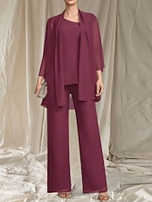 preiswerte Bodenlänge-Jumpsuit  Hosenanzug 3-teilig Kleid der Mutter der Braut Hochzeitsgast Elegantes gewelltes Dekolleté bodenlang Chiffon 3/4-lange Ärmel mit Perlen