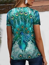 cheap Animals tee-Women&#039;s T Shirt Ombre Graphic Feather Casual Short Sleeve Round Neck Regular Tops Daily Going out Weekend Print Grass Green Sage Green White Yellow Dark Green Summer