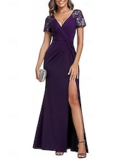 abordables Robes pour invitées de mariage-Sirène / Trompette Robes pour invités de mariage Élégant Robe robe demoiselle d honneur Longueur au sol Manche Courte Col en V Invité de mariage d&#039;automne Dentelle avec Froncé Fente 2025