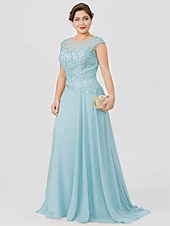 preiswerte Bodenlänge-A-Linie Mutter der Braut Kleid Hochzeitsgast Elegant Plus Size Illusionshals Sweep  Brush Zug Chiffon Perlenbesetzte Spitze Kurze Ärmel ohne Schleife(n) Falten 2025 kostenlose Maßanfertigung