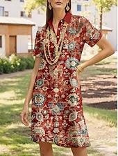 preiswerte Boho Kleid-Damen Midikleid A Linie Kleid Urlaub Lässig Täglich Date Normale Passform Grafik Geometrisch Kurzarm Hemdkragen Wein Sommer