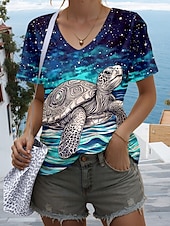 billige Hawaiiansk te-Dame T skjorte Grafisk Dyr Stilfull Fritid Kortermet V-hals Vanlige topper Daglig Trykt mønster Blå Sommer Vår