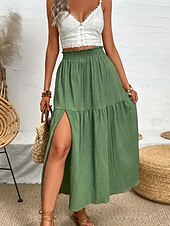 abordables Jupes unies-Femmes Jupe Évasé Mode Occasionnel Maxi Taille haute Jupes Couleur Unie A Volants Fendu Micro-Élastique Décontracté Quotidien Week-end Noir Bleu Vert Été Polyester