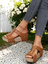abordables Sandalias de cuña-Sandalias de cuña con remaches para mujer: zapatos de plataforma de corcho con punta abierta y cierre de cremallera para uso informal y de verano