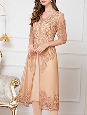preiswerte Teelänge-Kleid Brautmutterkleid Hochzeitsgast Elegant Chinesischer Stil V Ausschnitt Knielang Polyester Baumwollmischung Halbarm mit Stickerei 2025