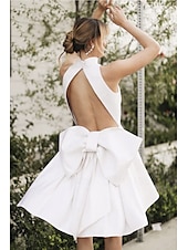 economico Abiti bianchi-Abiti di Matrimonio per Piccole Lauree Bianchi Abiti da Matrimonio A-Line Scollo Alto Senza Maniche Corti  Mini Abiti da Sposa in Raso con Fiocco
