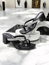 levne Šaty sandály-dámské sandály na podpatku zdobené černými kamínky – elegantní a stylové nazouváky s otevřenou špičkou na večerní párty a zvláštní příležitosti