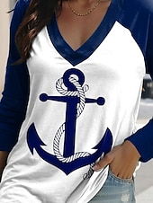 baratos Camiseta de Humor &amp; Citações-Mulheres Camiseta Gráfico Âncora Casual Estilo Praia Manga Longa Decote V Tops regulares Diário Final de semana Imprimir Azul Primavera Outono