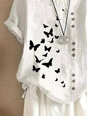 economico Camicie-Camicia da donna in lino blusa grafiche farfalla vintage casual maniche corte collo rotondo top regolari quotidiani per uscire stampa bianca estate primavera