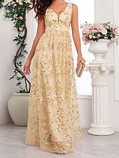 levne Večerní šaty-A-line quinceanera šaty elegantní šaty svatba svatební host dlouhé po zem bez rukávů V výstřih tyl bez zad se sklady