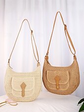 olcso Keresztpántos táskák-női nagy kapacitású, kézzel készített szalmából készült nyeregtáska válltáska - bohém crossbody táska elülső zsebbel, nyári strandtáska, alkalmi utazótáska nyaraláshoz, vásárláshoz és mindennapi használatra