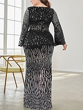 baratos AZUL-Vestido Plus Size Mãe da Noiva Vestido de Curvas Elegante Festa Decote em V Comprimento do Chão Spandex Manga Longa com Lantejoula 2025