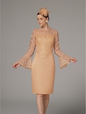 preiswerte Teelänge-Sheath Kleid Mutter der Braut Kleid Elegantes Vintage Luxuriös Juwelen-Hals Knie-Länge Satin Spitze Langarm Tee-Länge mit Applikationen