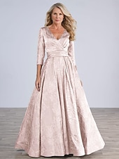 preiswerte Bodenlänge-Blau Rosa Jacquard A-Linie Brautmutter Kleid Elegantes Vintage Bodenlänge Polyester Spitze Halblangarm mit Blume Hochzeitsgastkleid 2025
