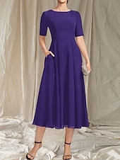 abordables Longueur du thé-Robe Mère de la Mariée A-Line Invité de Mariage Élégante Col Arrondi Longueur Thé Chiffon Manches Courtes avec Perles Appliques Robe Midi 2025